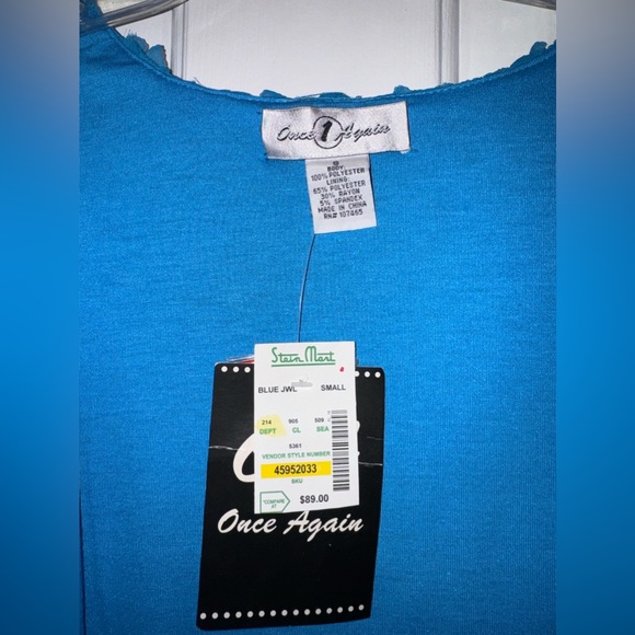 ONCE AGAIN Cardigan Size Small Peacock Blue Short Sleeve 2D Floral Print Ruffle - Picture 14 of 15